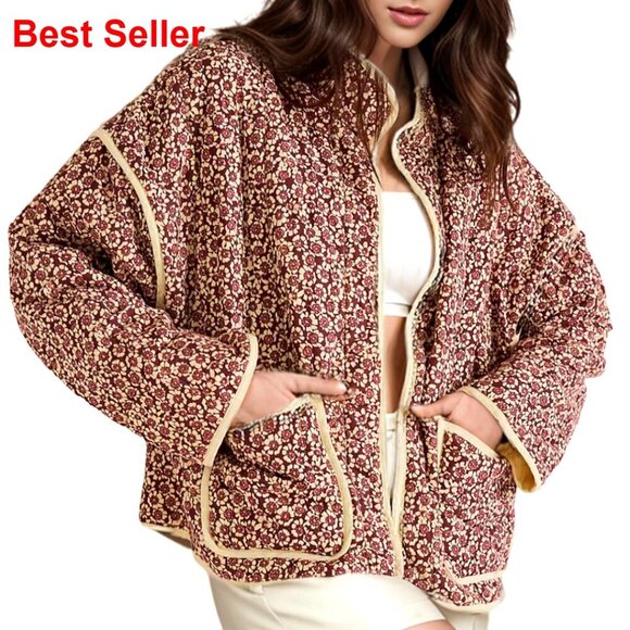 Jackets & Blazers - Women's Cropped Puffer Quilted Jacket Open Front Lightweight Vintage Floral